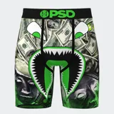 Calzoncillos bóxer estampados con billetes de 100 dólares y diseño de boca de tiburón verde.