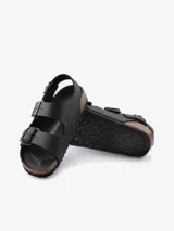 Sandalias Birkenstock Milano con correa trasera ajustable, hechas de material sintético Birko-Flor color negro.