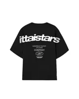 Remera negra de algodón con estampado blanco en la espalda con el logo de la marca y la frase "European Tour by Ittai Stars Company".