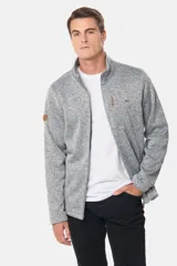 Campera gris jaspeado con cierre frontal, cuello alto y bolsillos laterales. Interior de polar.