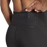 Calza deportiva Adidas Adizero Essentials negra, con cintura alta, corte ajustado y largo a la pantorrilla. Presenta logo de la marca en la pierna izquierda y detalles reflectantes.