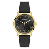 Reloj analógico Guess con caja de acero inoxidable en tono dorado y esfera negra con números romanos. Cuenta con una malla de silicona negra y movimiento de cuarzo.