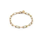 Pulsera dorada con eslabones rectangulares grandes y cierre de mosquetón.
