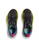 Championes Hoka Clifton 9 color negro con detalles en amarillo, rosa y celeste.