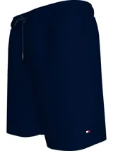 Bañador azul marino de nailon reciclado, con cordón ajustable en la cintura, logo bordado en la parte inferior y parche con logo en la parte trasera.