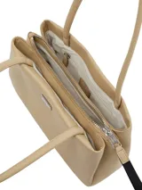 Cartera tote color beige de Tommy Jeans, con doble asa corta, compartimento principal con cierre, bolsillo interno con cierre y bolsillo interno abierto. Presenta insignia con el logo de la marca en el frente.