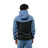 Campera deportiva con capucha y cierre frontal, diseño bicolor en azul y negro con logo de la marca estampado en el pecho.