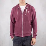 Campera con capucha color bordó, confeccionada en algodón fino de punto.