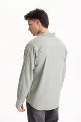 Camisa de lino de manga larga, color beige, con cuello clásico y cierre frontal de botones.