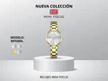 Reloj de pulsera Mini Focus modelo MF0265L para mujer, con caja redonda dorada, dial blanco y correa de eslabones dorados. Resistente al agua hasta 30 metros.