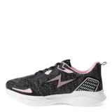 Championes deportivos de mujer con capellada de tejido técnico en color azul marino y negro, detalles en rosado y suela blanca con diseño texturizado.