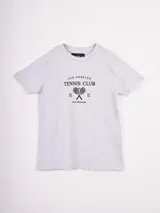 Remera de algodón gris jaspeado con cuello redondo y mangas cortas. Presenta un estampado frontal en color negro con la inscripción 'Los Angeles Tennis Club' y un diseño de raquetas cruzadas.
