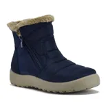 Bota casual de caña baja tipo puffer, color azul marino con interior forrado en piel sintética beige. Presenta cierre lateral y suela de goma dentada en tono beige.
