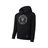 Buzo hoodie negro con el escudo del Inter de Miami estampado en blanco en el pecho y cordones ajustables en la capucha.