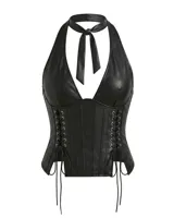 Top tipo corset de cuero sintético negro, con diseño halter, escote profundo y detalles de cordones laterales con ojales metálicos.