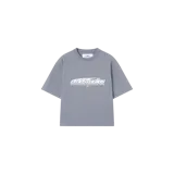 Remera oversize gris de manga corta con cuello redondo y estampado frontal en blanco de la marca Eme Studios.