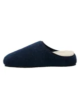 Pantuflas de fieltro color azul marino, con diseño tipo sueco, interior forrado en corderito sintético y suela plana.