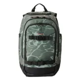 Mochila Rip Curl modelo Posse con capacidad de 33 litros, confeccionada en poliéster con tratamiento Hydro Protech. Presenta un diseño estampado en tonos verdes, con compartimento principal con cierre, correas frontales ajustables con hebillas y base reforzada en color negro.