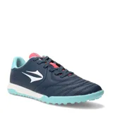 Championes de fútbol 5 Topper modelo San Ciro V TF, color azul marino con detalles en turquesa y rosado. Presentan suela con tapones bajos para césped sintético y logo de la marca en el lateral.