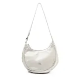 Cartera de cuero color hueso, modelo Paloma de XL, con diseño semicircular, cierre superior y logo metálico grabado en el frente.