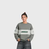 Remera de manga larga gris oscuro con una franja horizontal gris claro en el pecho y las mangas, con estampado tipográfico de la marca en el centro.