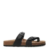 Sandalias de cuero graso color marrón habana, con diseño de dos tiras ajustables con hebillas metálicas y suela anatómica de corcho con base de goma antideslizante.