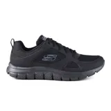 Championes deportivos Skechers Track Grand Scene, color negro, con cordones y capellada de malla. Incluyen plantilla Memory Foam y suela de tracción flexible.