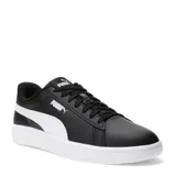 Championes Puma Smash 3.0 L de estilo urbano, confeccionados en cuero sintético negro con la icónica franja lateral de la marca en color blanco. Presentan cierre de cordones, cuello acolchado y suela de goma blanca resistente.