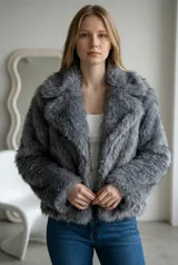 Abrigo corto de piel sintética en color gris, con solapas anchas y mangas largas. Diseño de corte recto y textura suave.