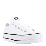 Championes Converse modelo Chuck Taylor Lift, de corte bajo con plataforma elevada. Presentan un diseño monocromático en color blanco con detalles de líneas negras en la suela y el logo clásico de All Star en la lengüeta.