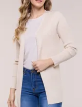 Cardigan abierto tejido en punto acanalado, marca Rio & Rian, de color beige con mangas largas.