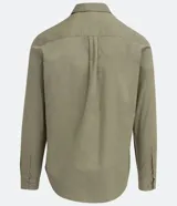 Camisa verde militar de manga larga en sarga de algodón, con cuello clásico, cierre frontal abotonado y dos bolsillos con solapa abotonada en el pecho.