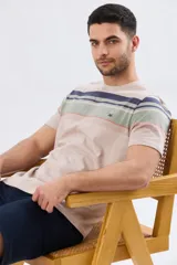 Remera de algodón con diseño de franjas horizontales en tonos beige, verde y azul marino, de manga corta y cuello redondo.