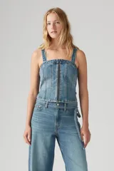 Bustier de jean con cierre frontal y breteles anchos.