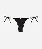Bombacha de bikini de microfibra color negro, con diseño de cintura doble con ribete en contraste y laterales finos para atar.