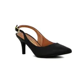 Zapato de tacón Vizzano color marfil, con diseño destalonado (slingback), punta fina, taco alto fino y tira ajustable en el talón con hebilla dorada.
