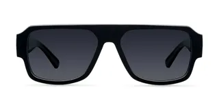 Lentes de sol unisex de aviador con montura negra y lentes polarizadas negras.