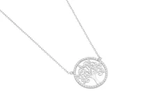 Collar de plata 925 con dije circular calado con diseño de árbol de la vida y circonias incrustadas.