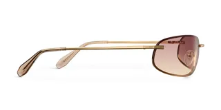 Lentes de sol con diseño envolvente de estilo Y2K, montura metálica dorada y cristales rectangulares con degradado en tonos marrones.