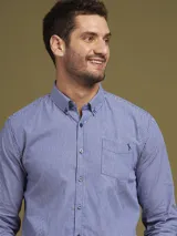 Camisa de vestir a rayas verticales azules y blancas, de corte regular fit y manga larga.