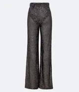 Pantalón largo de lentejuelas negras metalizadas con forro y cintura elástica.