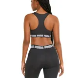 Top deportivo Puma Strong de soporte medio, color negro, con logo blanco estampado en el frente y banda elástica inferior con la inscripción "PUMA".