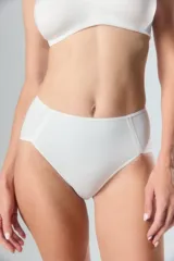 Bombacha tipo vedetina de tiro alto, confeccionada en tricot liso de color beige, con costuras reforzadas en los laterales.