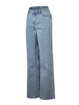 Jeans de corte wide leg y tiro alto, en color azul claro con efecto deslavado. Cuenta con presillas para cinto, bolsillos delanteros y traseros, y cierre frontal con botón y cremallera.