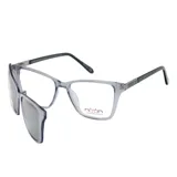 Lentes de receta con armazón de acetato transparente en tono grisáceo, que incluye un clip-on magnético con lentes oscuros para protección solar. Diseño de marco rectangular con patillas oscuras y logo de la marca en el lateral.