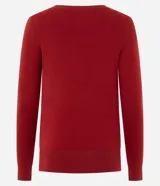 Blusa básica de punto fino color rojo, con escote en V y mangas largas. Presenta terminaciones acanaladas en el cuello, puños y ruedo.