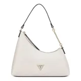 Cartera tipo hobo de la marca Guess, color beige, con diseño asimétrico, cierre superior y correa combinada de cuero sintético y cadena metálica dorada. Incluye logo triangular metálico en el frente.