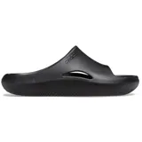 Sandalia tipo chinela Crocs Mellow Slide, color negro, con diseño moderno y minimalista. Presenta una silueta con una única tira ancha que cubre el empeine, con recortes laterales y una suela gruesa con textura acanalada.
