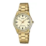 Reloj analógico Casio con caja y malla de acero inoxidable en tono dorado. Presenta una esfera color champagne con índices y agujas en contraste, ofreciendo un diseño clásico y elegante.