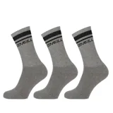 Pack de tres pares de medias deportivas O'Neill de caña media, color gris con detalle de rayas negras en el puño y logo de la marca estampado.